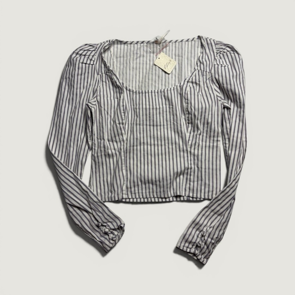 Free People Carolina Striped Square Neck Puff Sleeve Blouse Womens XS Preppy